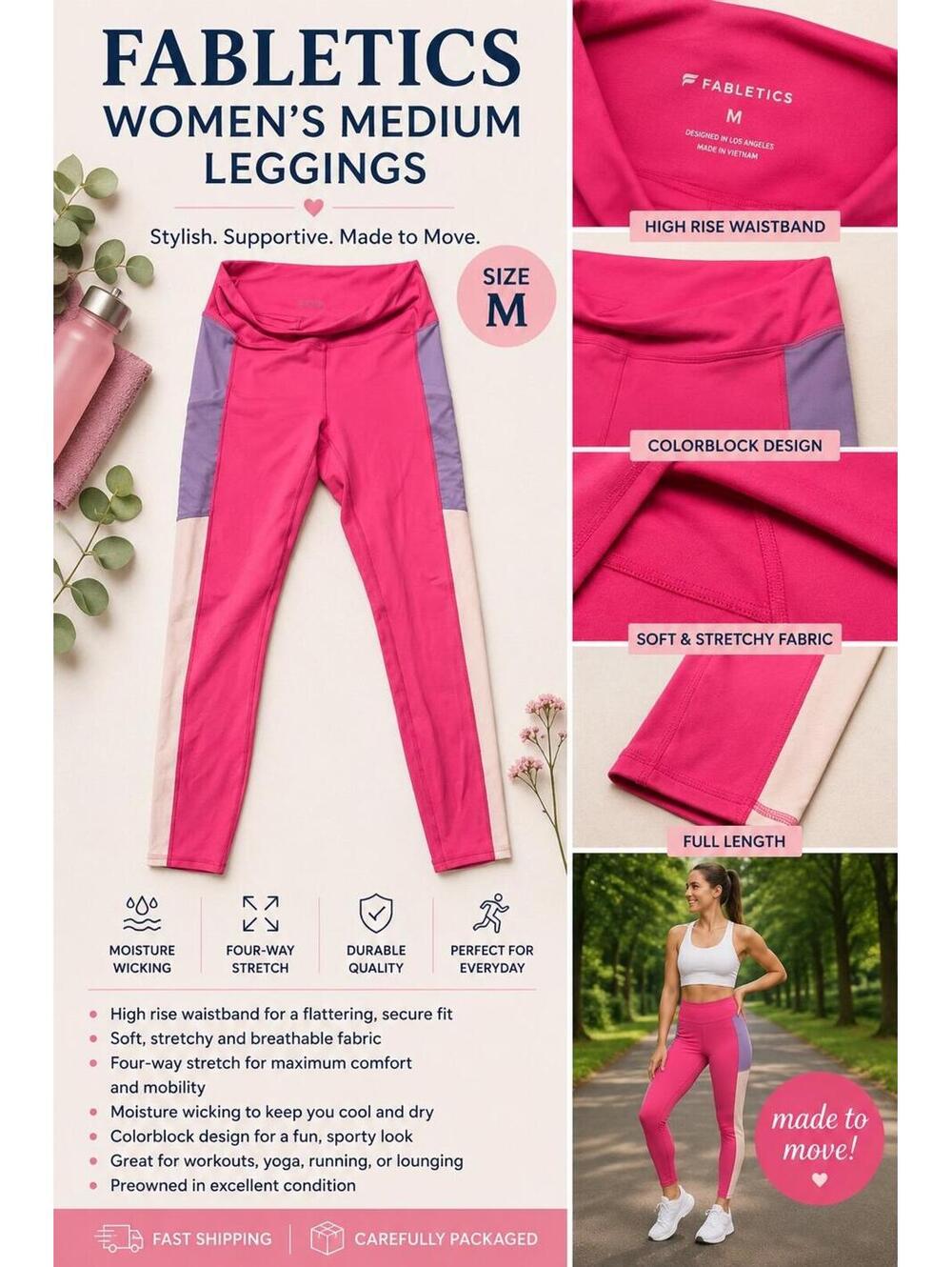 Fabletics Women’s Medium Leggings – Pink Colorblock Activewear